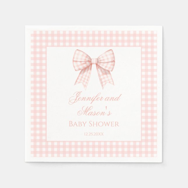 Pastel pink gingham bow ribbon baby girl shower napkins (Front)
