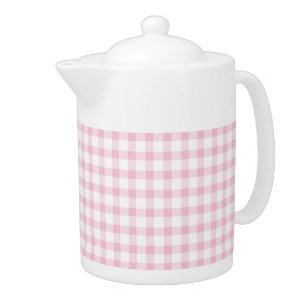 Pastel Pink Gingham Check Pattern Teapot