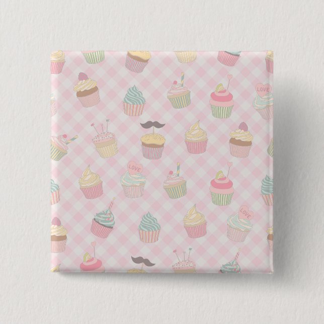 Pastel Pink Gingham Cute Cupcakes Pattern Button (Front)