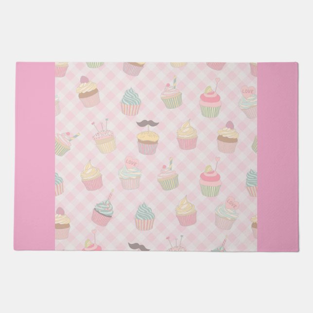 Pastel Pink Gingham Cute Cupcakes Pattern Doormat (Front)