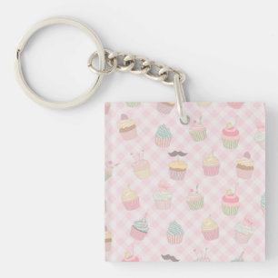 Pastel Pink Gingham Cute Cupcakes Pattern Keychain
