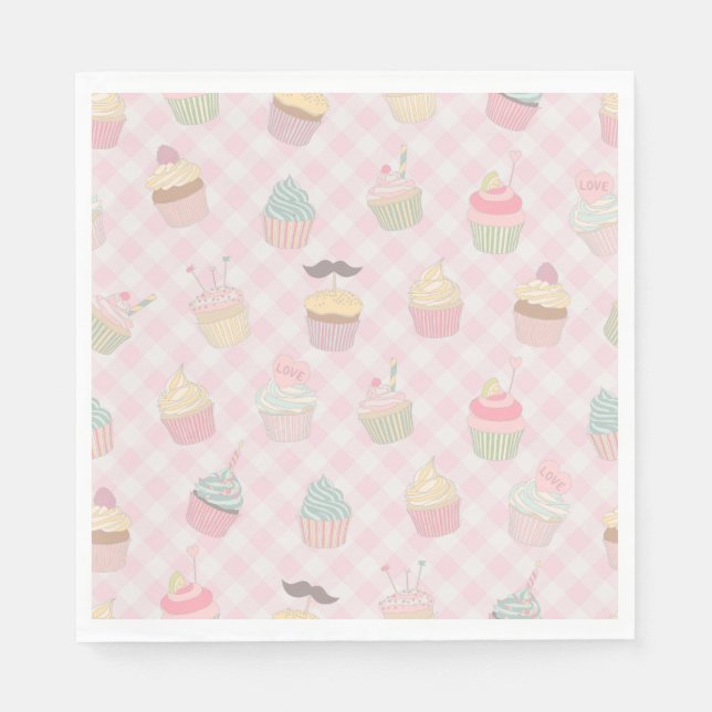 Pastel Pink Gingham Cute Cupcakes Pattern Napkins (Front)