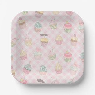 Pastel Pink Gingham Cute Cupcakes Pattern Paper Plates