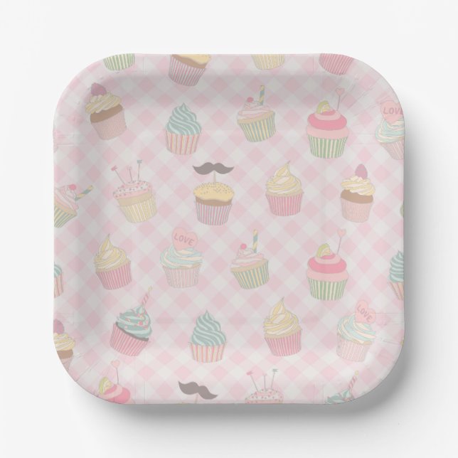 Pastel Pink Gingham Cute Cupcakes Pattern Paper Plates (Front)