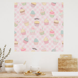 Pastel Pink Gingham Cute Cupcakes Pattern Poster