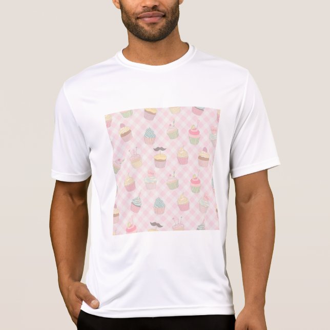 Pastel Pink Gingham Cute Cupcakes Pattern T-Shirt (Front)