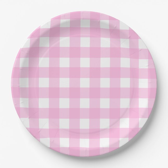 Pastel Pink Gingham Pattern Paper Plates (Front)