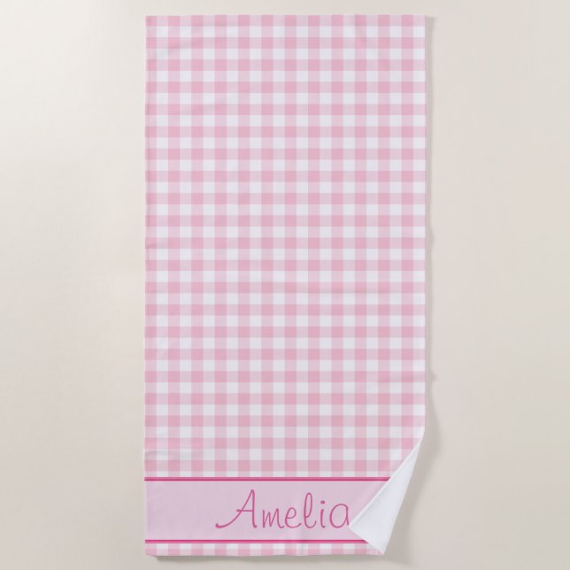 Pastel Pink Gingham Pattern | Personalized Beach Towel (Front)