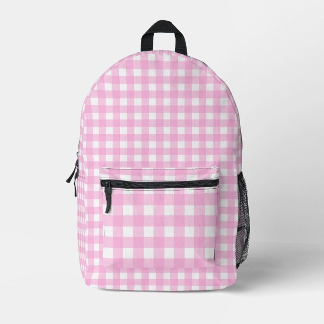Pastel Pink Gingham Pattern Printed Backpack (Front)
