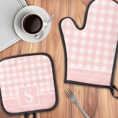 Pastel Pink Gingham Plaid Checkered Monogrammed Oven Mitt &Amp;Amp; Pot Holder Set