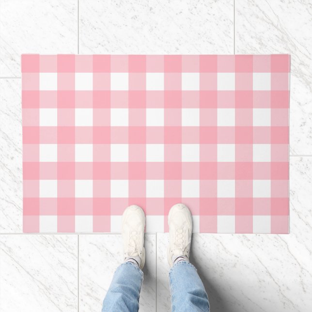 Pastel Pink Gingham Plaid Cottage Rug or Doormat (Indoor)