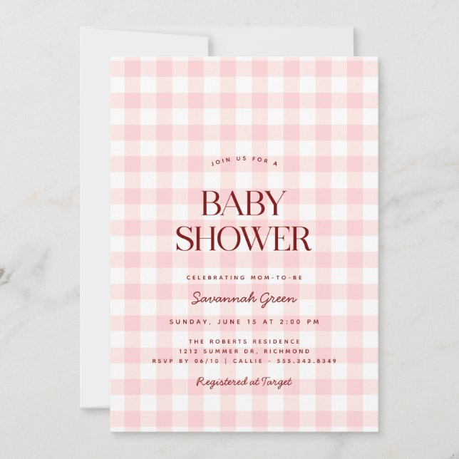 Pastel Pink Gingham | Summer Picnic Baby Shower Invitation (Front)