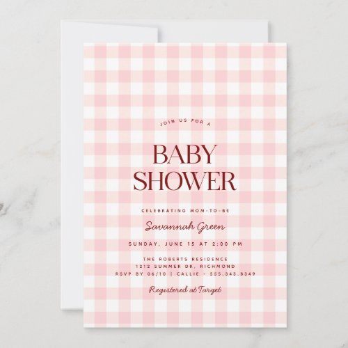 Pastel Pink Gingham  Summer Picnic Baby Shower Invitation