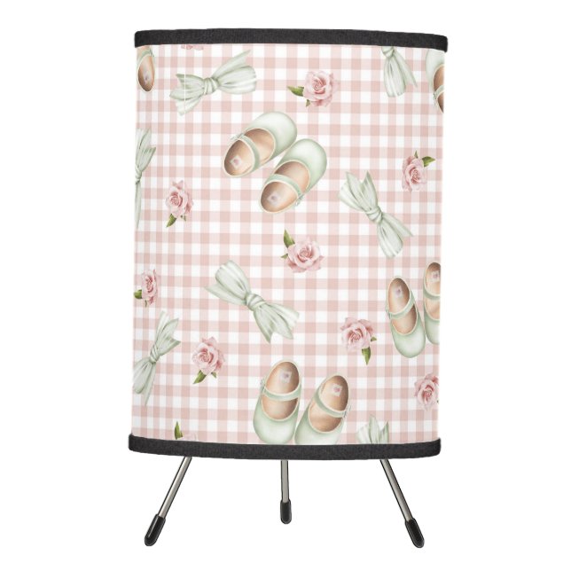 PASTEL PINK GINGHAM WITH GREEN BABY SHOES AND BOWS TRIPOD LAMP (Front)