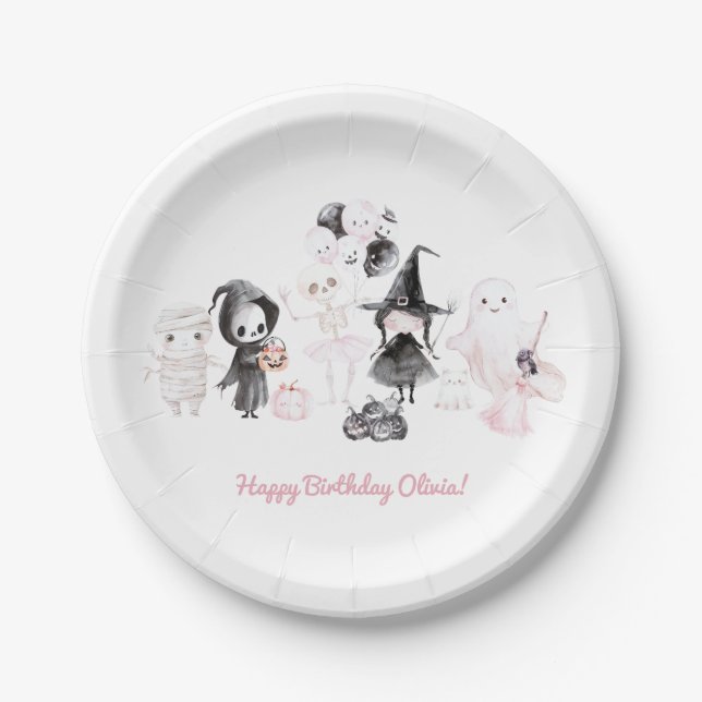 Pastel pink girl halloween birthday paper plates (Front)