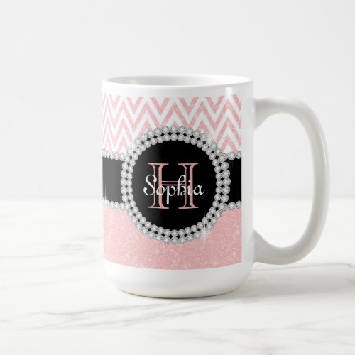 Pastel Pink Glitter White Chevron Monogram Mug