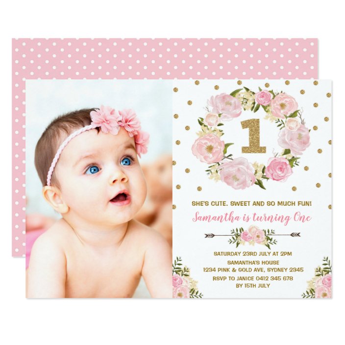 Pastel Pink Gold Fl First 1st Birthday Invite Zazzle Pastel Pink Gold Fl First 1st