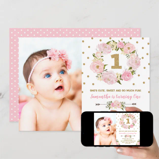 Pastel Pink Gold Floral First 1st Birthday Invite | Zazzle