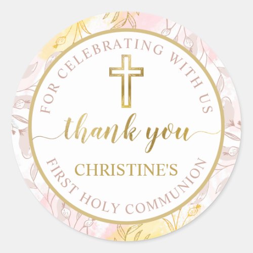 Pastel Pink Gold Floral First Communion Thank You Classic Round Sticker