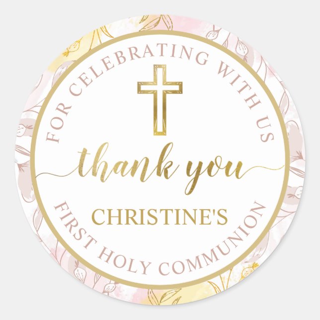 Pastel Pink Gold Floral First Communion Thank You Classic Round Sticker (Front)