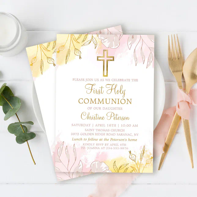Pastel Pink Gold Floral First Holy Communion Invitation | Zazzle