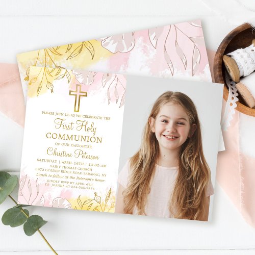 Pastel Pink Gold Floral First Holy Communion Photo Invitation