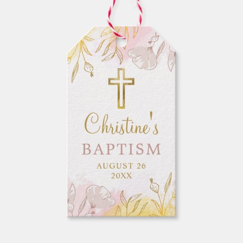 Pastel Pink Gold Floral Girl Baptism Thank You Gift Tags