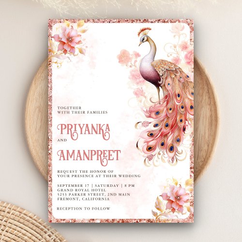 Pastel Pink Gold Floral Indian Peacock Wedding Invitation