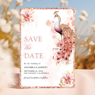 Pastel Pink Gold Floral Indian Peacock Wedding Save The Date