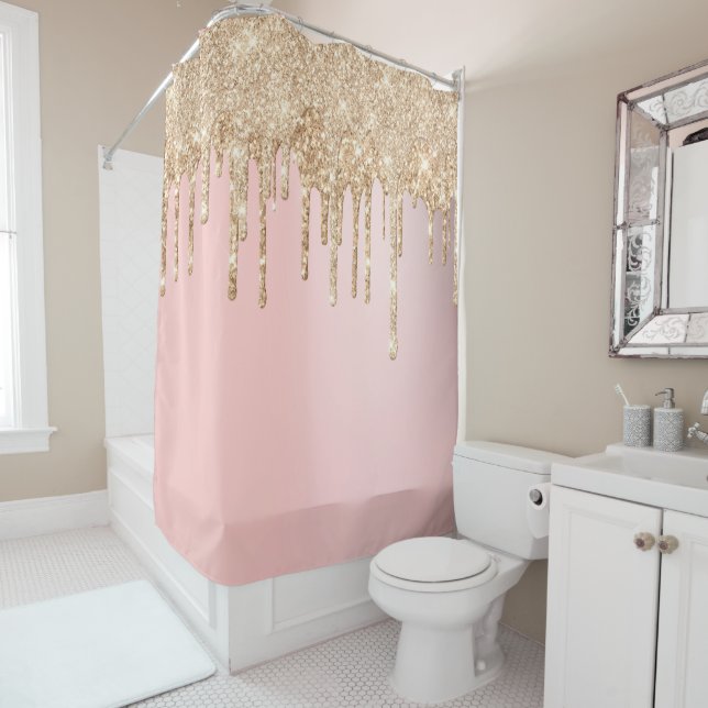 *~* Pastel Pink Gold Glitter Drip AP7 Shower Curtain (In Situ)