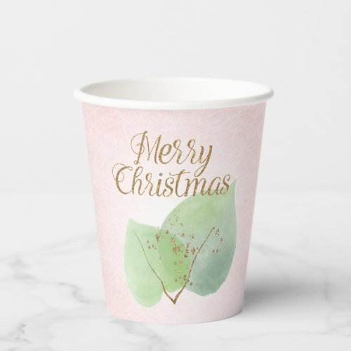 Pastel Pink Gold Glitter Green Leaves Paper Cups