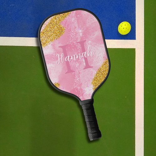 Pastel Pink Gold Glitter Monogram Name  Initial Pickleball Paddle