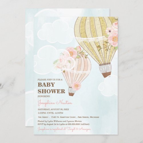 Pastel Pink  Gold Hot Air Balloon Baby Shower Invitation