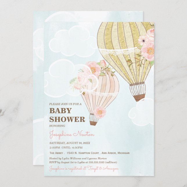 Pastel Pink & Gold Hot Air Balloon Baby Shower Invitation (Front/Back)