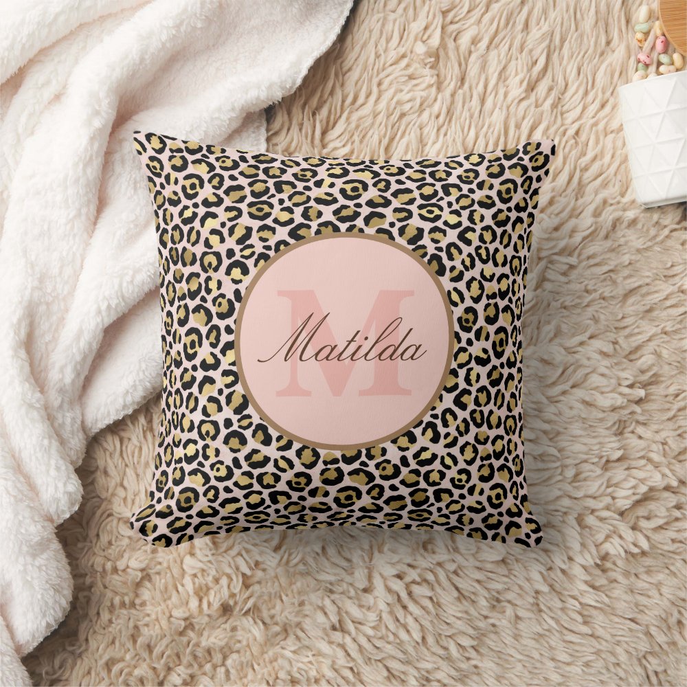 Pink & Gold Leopard Animal Print Monogram Throw Pillow