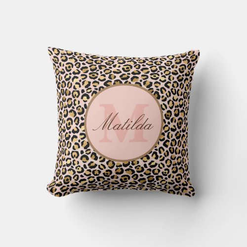 Pastel Pink  Gold Leopard Animal Print Monogram Throw Pillow