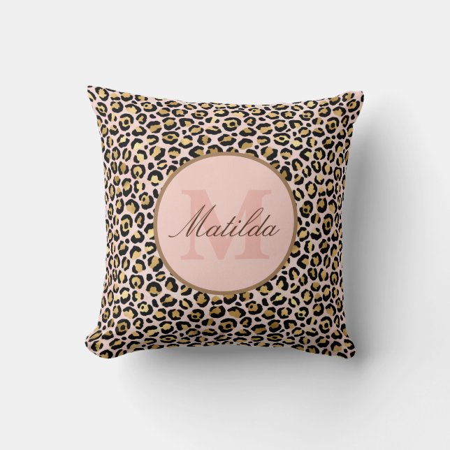 Pastel Pink & Gold Leopard Animal Print Monogram Throw Pillow (Front)