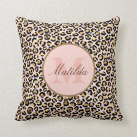Pastel Pink & Gold Leopard Animal Print Monogram Throw Pillow