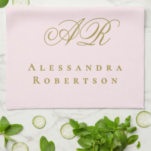 Pastel Pink Gold Monogram Name Minimalist Stylish Kitchen Towel