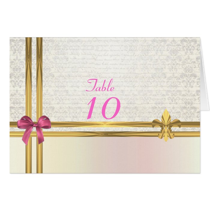 Pastel pink & gold on white damask table number greeting card