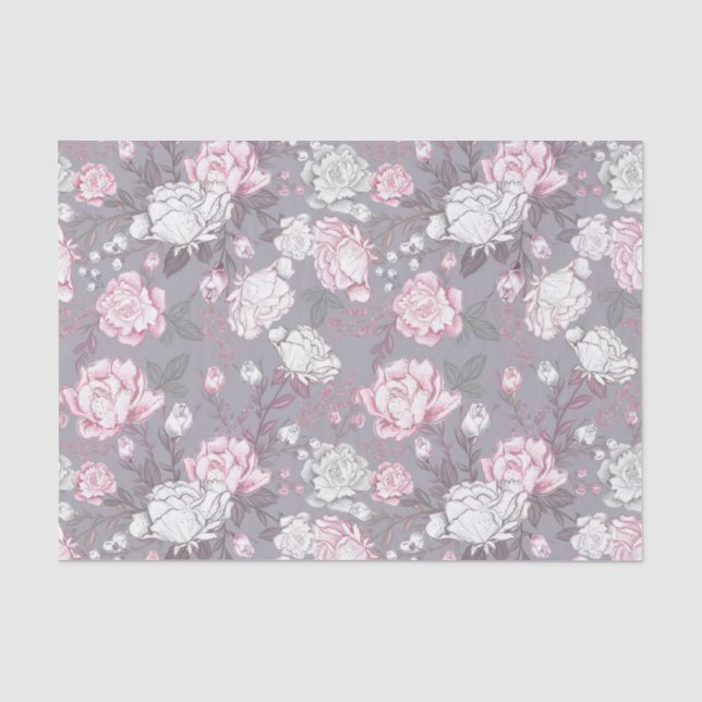 PASTEL PINK & GRAY BABY GIRL FLOWERS TISSUE PAPER (Front)