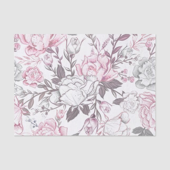 PASTEL PINK & GRAY BABY GIRL FLOWERS TISSUE PAPER (Front)