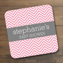 Pastel Pink & Gray Chevrons Baby Shower Collection Square Paper Coaster