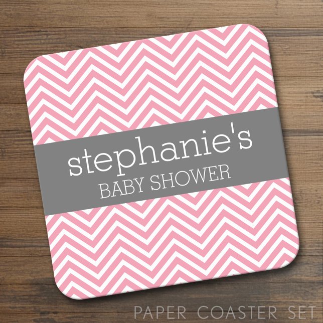Pastel Pink & Gray Chevrons Baby Shower Collection Square Paper Coaster (Custom Coaster Set)