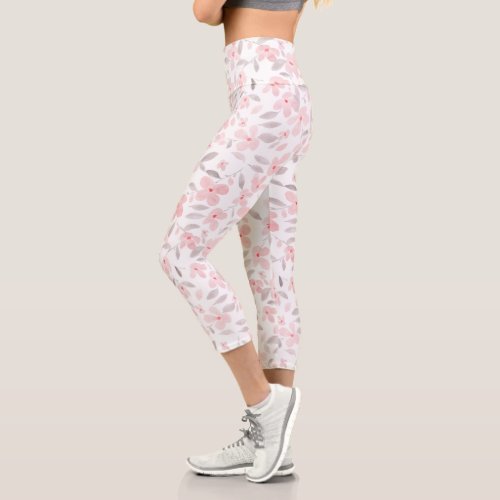 Pastel pink gray chic floral watercolor pattern capri leggings