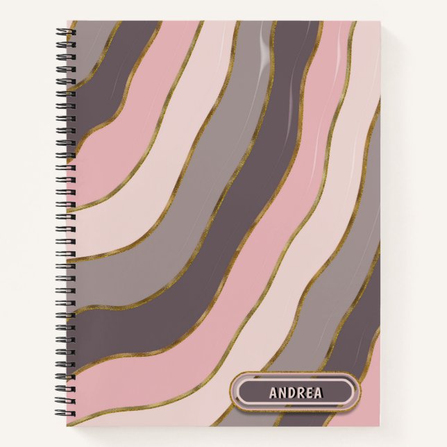 Pastel Pink Gray Chic Gold Groovy Striped Waves  Notebook (Front)