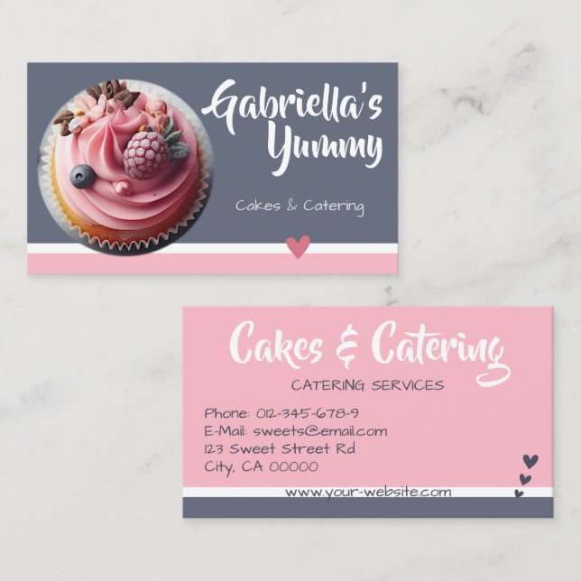 Pastel Pink Gray Cupcake Cake Photo Template Sweet Business Card (Front/Back)