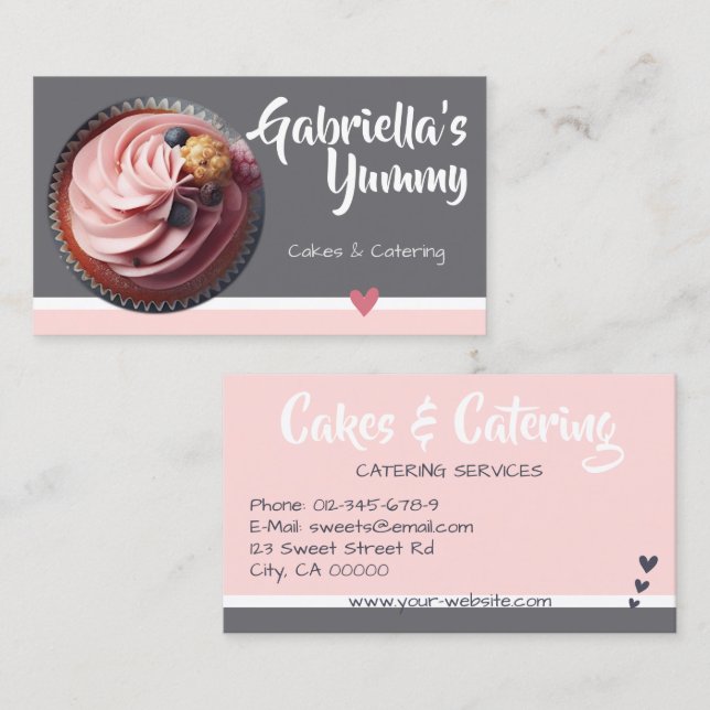 Pastel Pink Gray Cupcake Cake Photo Template Sweet Business Card (Front/Back)