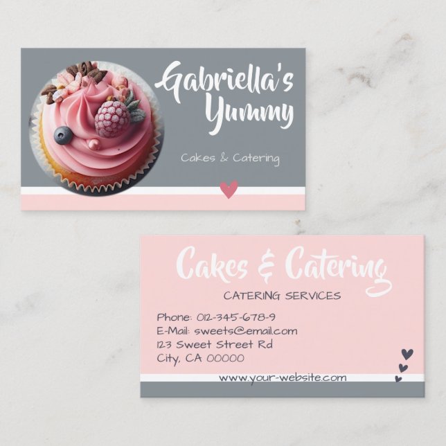 Pastel Pink Gray Cupcake Cake Photo Template Sweet Business Card (Front/Back)