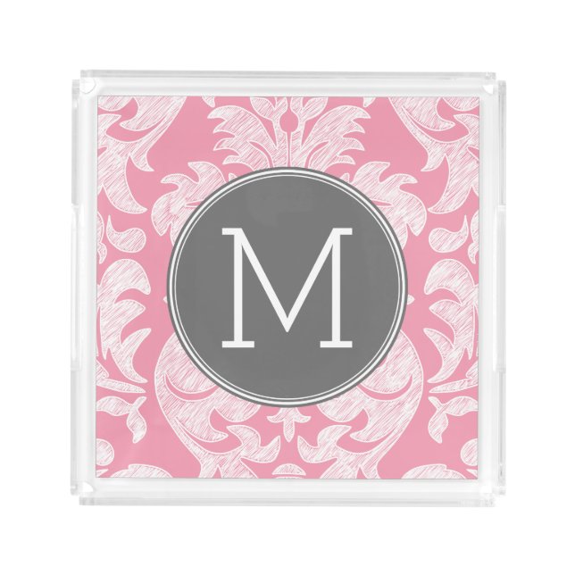 Pastel Pink & Gray Damask Pattern Custom Monogram Acrylic Tray (Front)